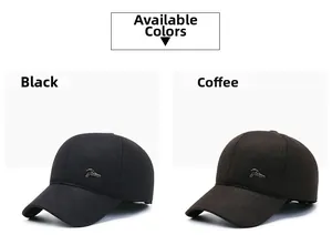 Close-up of wool baseball caps in black and coffee with metal logo details