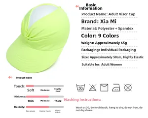 Vista detallada de la visera amarillo neón con especificaciones e instrucciones de lavado