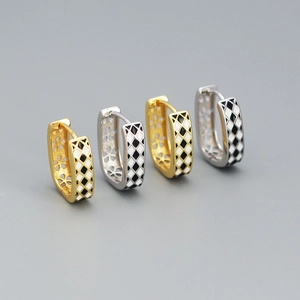 925 Sterling Silver Huggie Hoop Earrings Black White Checkerboard Enamel Rhombus Grid Geometric Retro Jewelry For Women