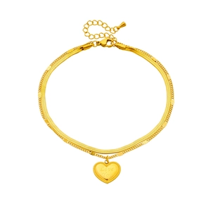 Gold double-layered chain anklet with heart pendant and 'Love You' engraving