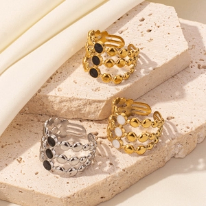 Three-layer stainless steel beaded open rings with colorful enamel discs for women