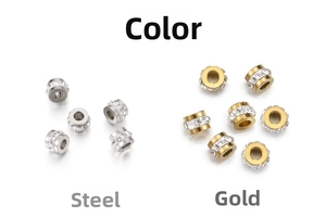 Makroansicht von 18k Gold und Stahl Abstandsperlen mit Kristallen für DIY-Schmuck