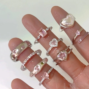 Fashion Pink Heart Bowknot Rhinestone Ring For Women Elegant Alloy Adjustable Open Index Finger Ring Sweet Jewelry