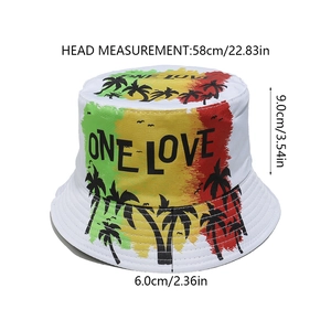 Detailed sizing chart for white fisherman hat with palm trees and One Love print