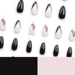 Faux ongles amande chic noirs et roses avec motifs marbrés et design de style français