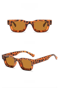 Detail view of tortoiseshell rectangular sunglasses with amber lenses from two angles