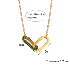 Gold interlocked rectangle pendant necklace with green crystal pavé and cross chain