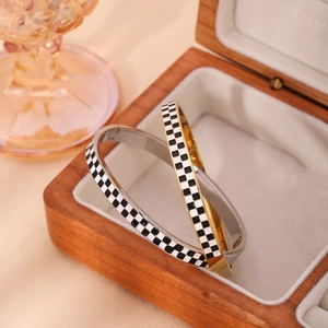 Minimalist checkerboard enamel stainless steel bangle set in gold and silver finish