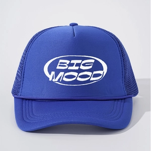 Detail of royal blue trucker hat showing BIG MOOD embroidery, braided rope and breathable mesh