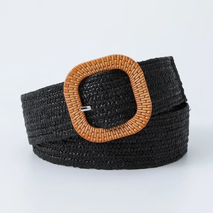 Ceinture tressée élastique noire avec boucle carrée orange à motifs vintage