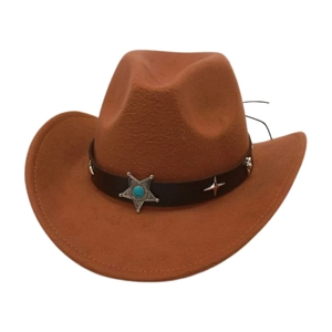 Detailed view of the brown felt cowboy hat featuring turquoise star band decoration