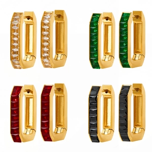 Four pairs of gold stainless steel hoop earrings with colorful rectangular zircons