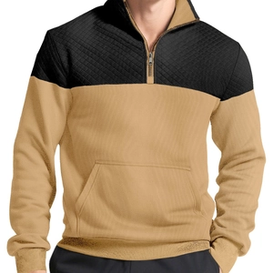 Men's color block quarter-zip waffle sweatshirt with quilted texture and kangaroo pocket