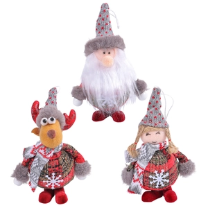 Three-piece Christmas plush set featuring Santa Claus, reindeer, and girl doll ornaments