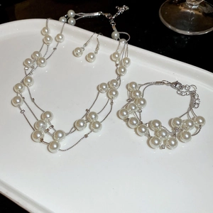 Detail of multi-layer pearl jewelry set including necklace, bracelet and earrings on white plate