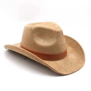 Close-up of the brown leather decorative band on a khaki suede western cowboy hat