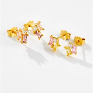 Detail showing S925 hallmark on gold plated silver earrings with colorful crystals