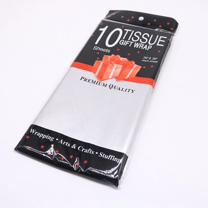 Close-up of 10 sheets silver tissue gift wrap in retail packaging for holiday crafts