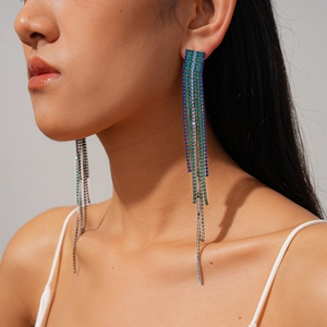 Elegant long fringe tassel earrings with blue and green rhinestones on silver metal