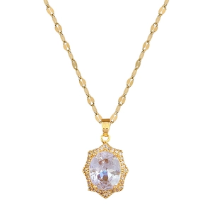 Luxurious gold necklace with an oval white zircon pendant and sparkling halo setting