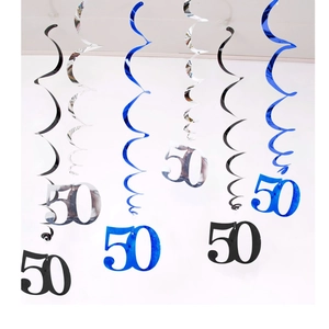 50th birthday party hanging PVC swirls in black, silver, and blue metallic foil colors