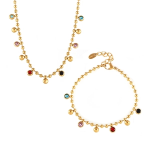 Parure collier et bracelet en acier inoxydable doré avec perles en verre colorées