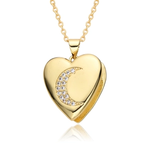 Gold heart locket necklace with micro-p镶 inlaid crescent moon and delicate link chain