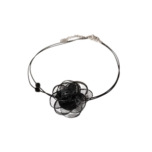 Double-layer black lace flower choker necklace with delicate mesh petals and crystals