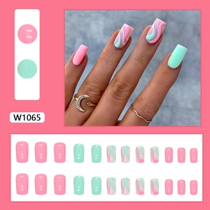 Pink and mint green wavy square press-on nails with minimalist two-tone color block