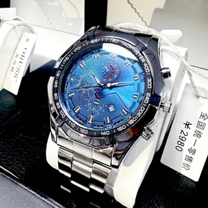 Men's silver stainless steel watch with deep blue dial, tachymeter and chronograph features