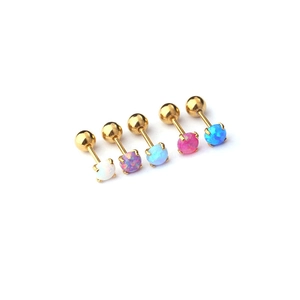 Five-piece set of 20G stainless steel opal ear studs in white purple blue and pink colors