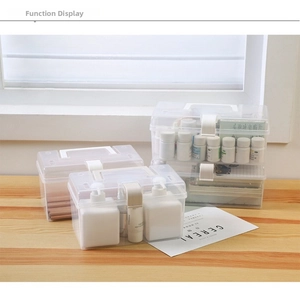 Transparent plastic storage box with white handle and latch for stationery and medicine