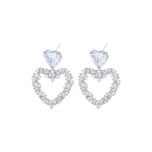 Elegant silver S925 heart earrings with sparkling white cubic zirconia crystal studs