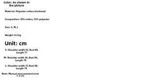 Detail view of the product size chart and material composition for the plaid mini dress