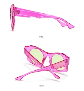 Side and back view of pink transparent polygon sunglasses with yellow-green lenses