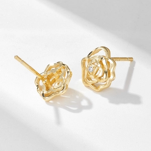 Elegant 925 sterling silver rose stud earrings in gold with zircon accents