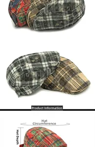 Detail view of vintage plaid flat cap showing various color options and measurement guide