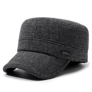Men's dark grey flat top military hat with plaid texture and ear flaps for winter