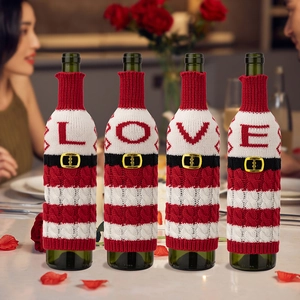 Knitted wine bottle cover with LOVE letters red white stripes for romantic dinners.