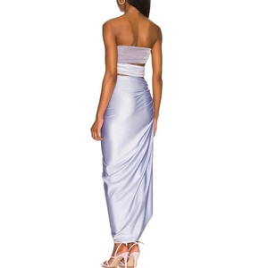 Elegant lilac satin wrap skirt with shimmer bandeau top, rear view on white background