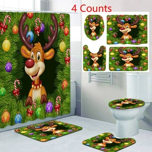Christmas Reindeer Santa Claus Waterproof Polyester Shower Curtain And Non-Slip Bath Mat Bathroom Decoration Holiday Theme