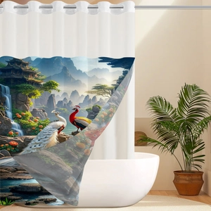 Detail showing high-quality waterproof polyester shower curtain with peacock scenery print