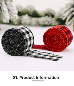 Close-up of black and white and red plaid ribbons on snowy pine needles for Christmas DIY decor