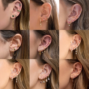 Fashion Copper Zirconia Flower Tassel Chain Stud Earrings For Women Elegant Heart Star Moon Stud Earrings Set Jewelry Gift