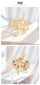 Detailed close-up of Tree of Life pendants with colorful cubic zirconia in gold plating