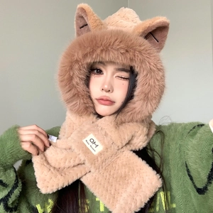 Cute Animal Ears Faux Fur Hooded Scarf Hat Integrated Thick Warm Winter Plush Wrap For Women