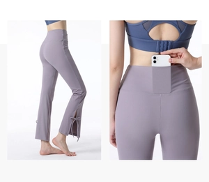 Purple flared yoga pants featuring side slit with bow tie detail and back hidden pocket