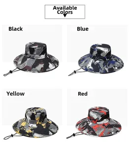 Detailed view of four wide brim sun hats in black, blue, yellow, and red camouflage