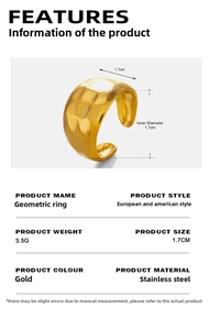 Detail view of 18K gold plated geometric ring showing 1.1cm width and 1.7cm inner diameter