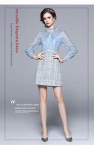 Detailed close-up of blue tweed dress with lace embroidery and pearl beads on the collar